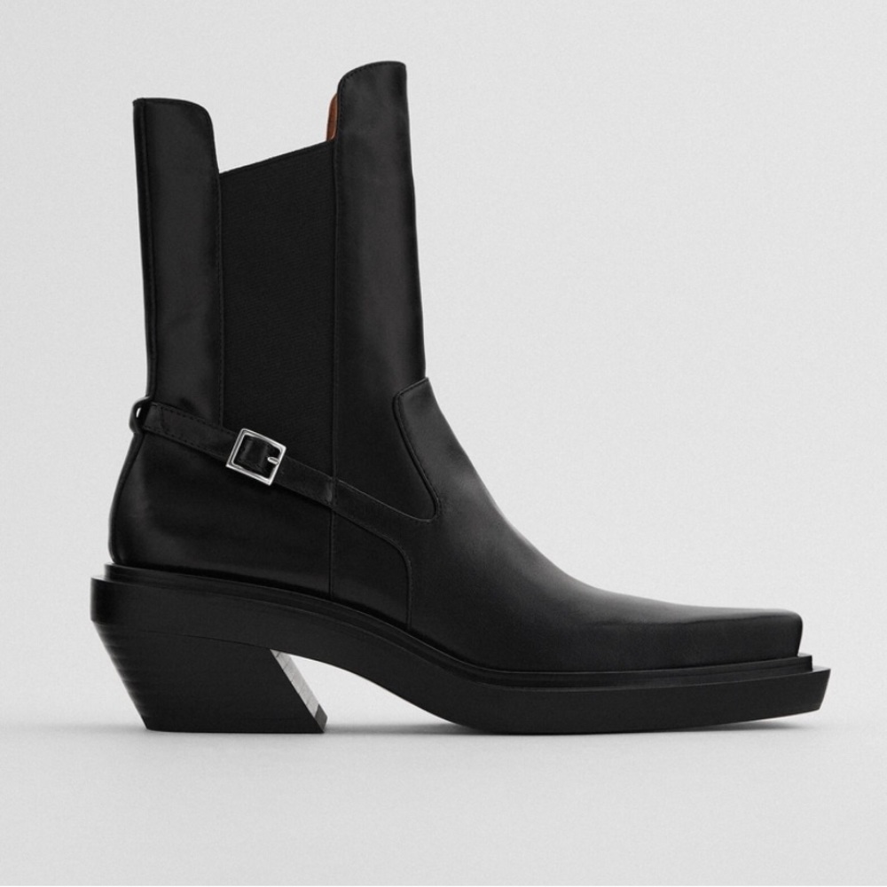 ZARA HEELED LEATHER SQUARE TOE ANKLE BOOTS SZ 10